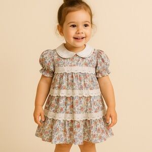 2T 70's Floral Short Sleeve Dress Eyelet Trim Tiered Puff Sleeve Collar